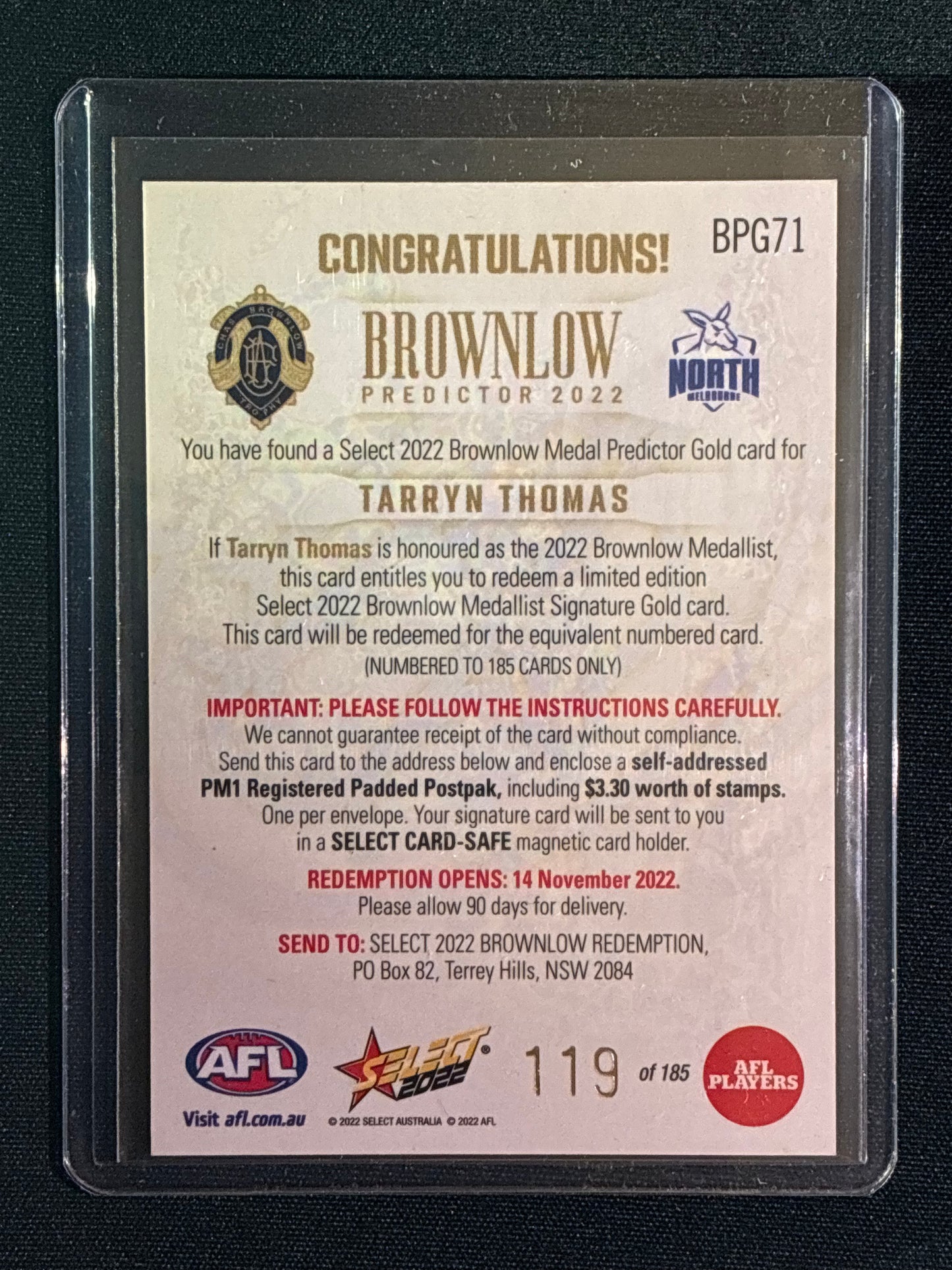 2022 Footy Stars TARRYN THOMAS Brownlow Predictor Gold 119/185