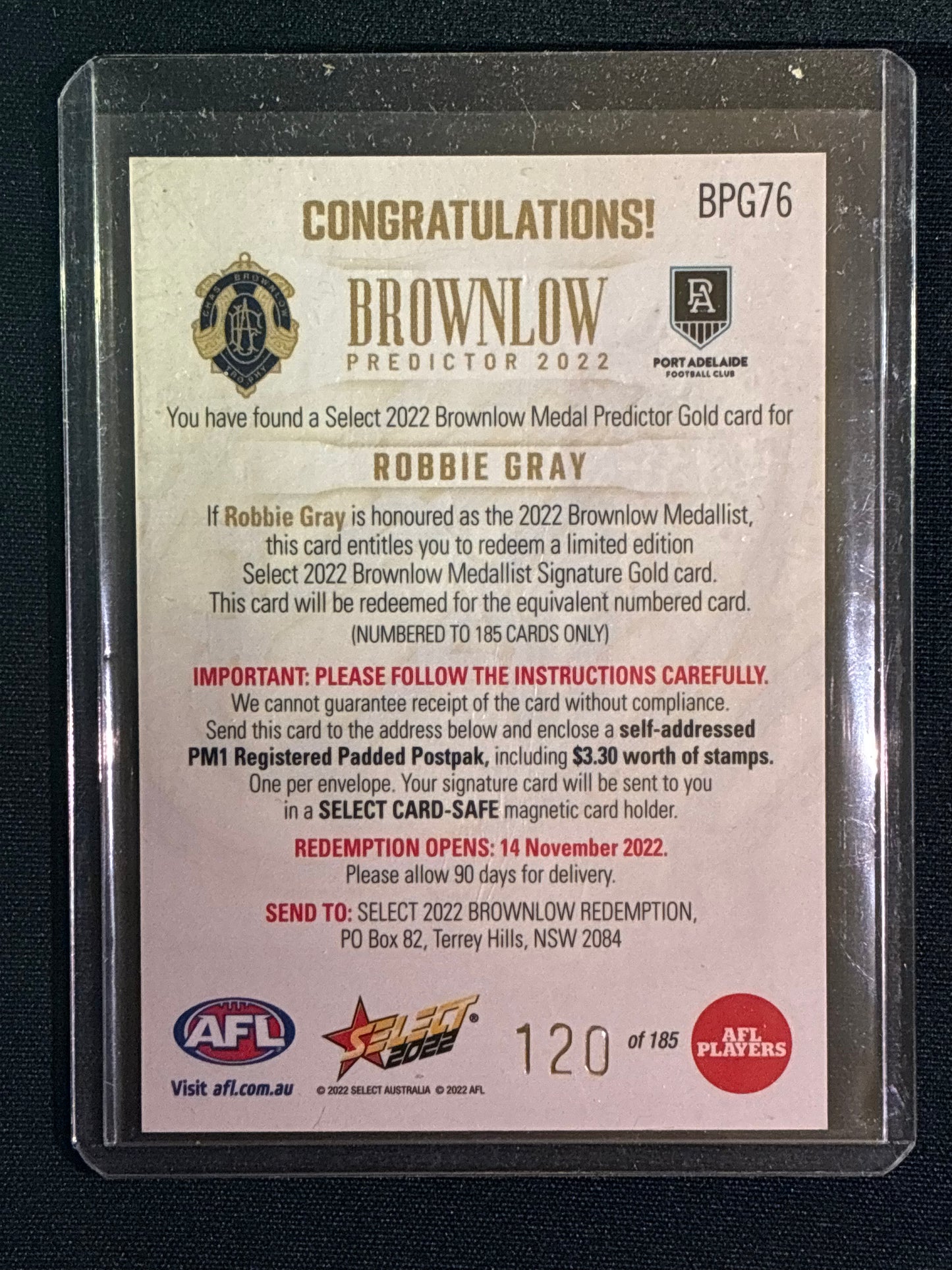 2022 Footy Stars ROBBIE GRAY Brownlow Predictor Gold 120/185