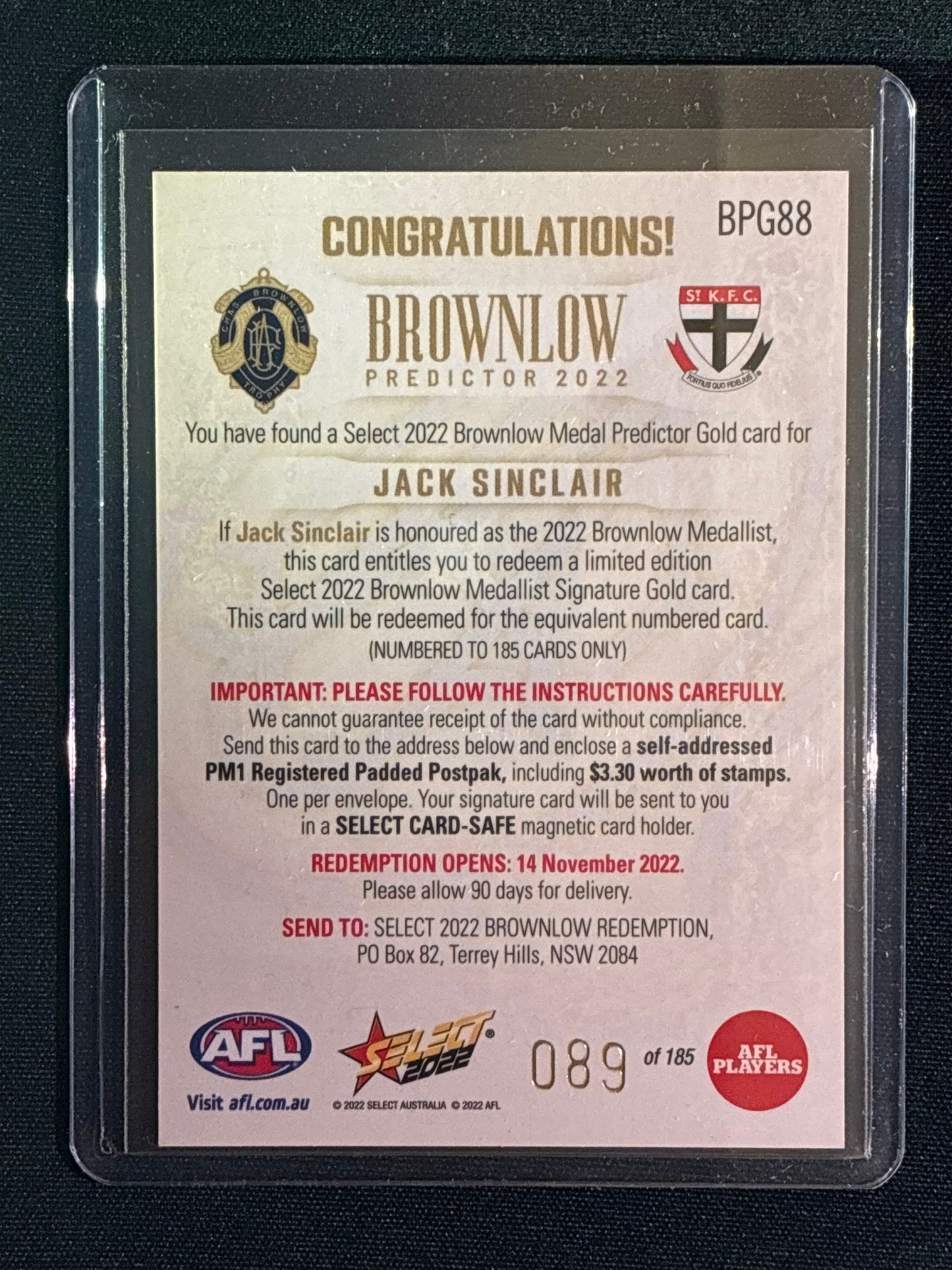 2022 Footy Stars JACK SINCLAIR Brownlow Predictor Gold 89/185