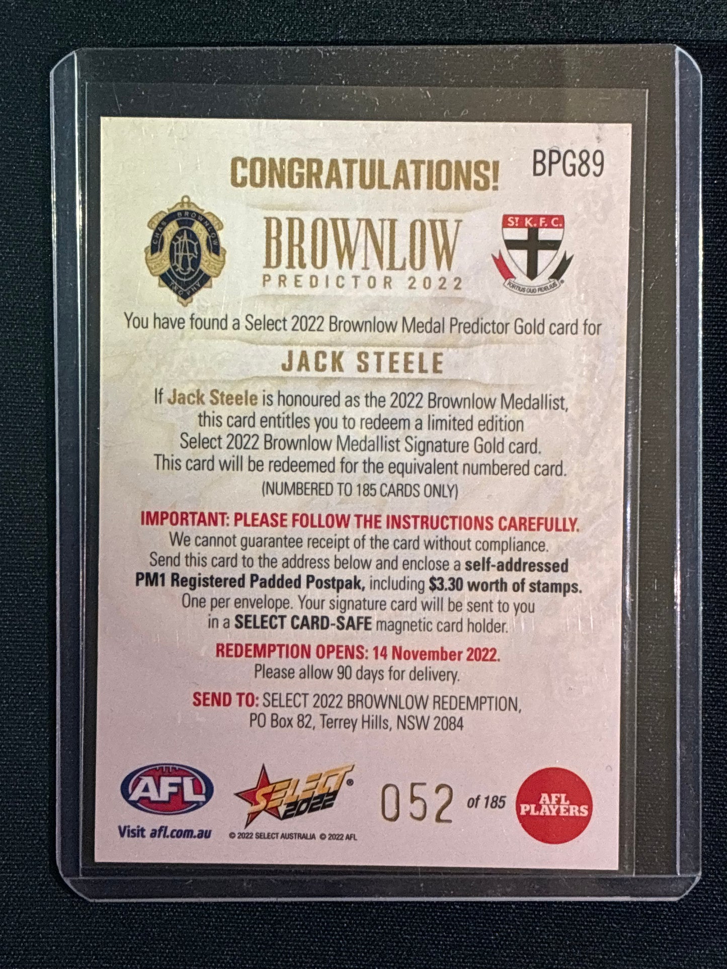 2022 Footy Stars JACK STEELE Brownlow Predictor Gold 52/185