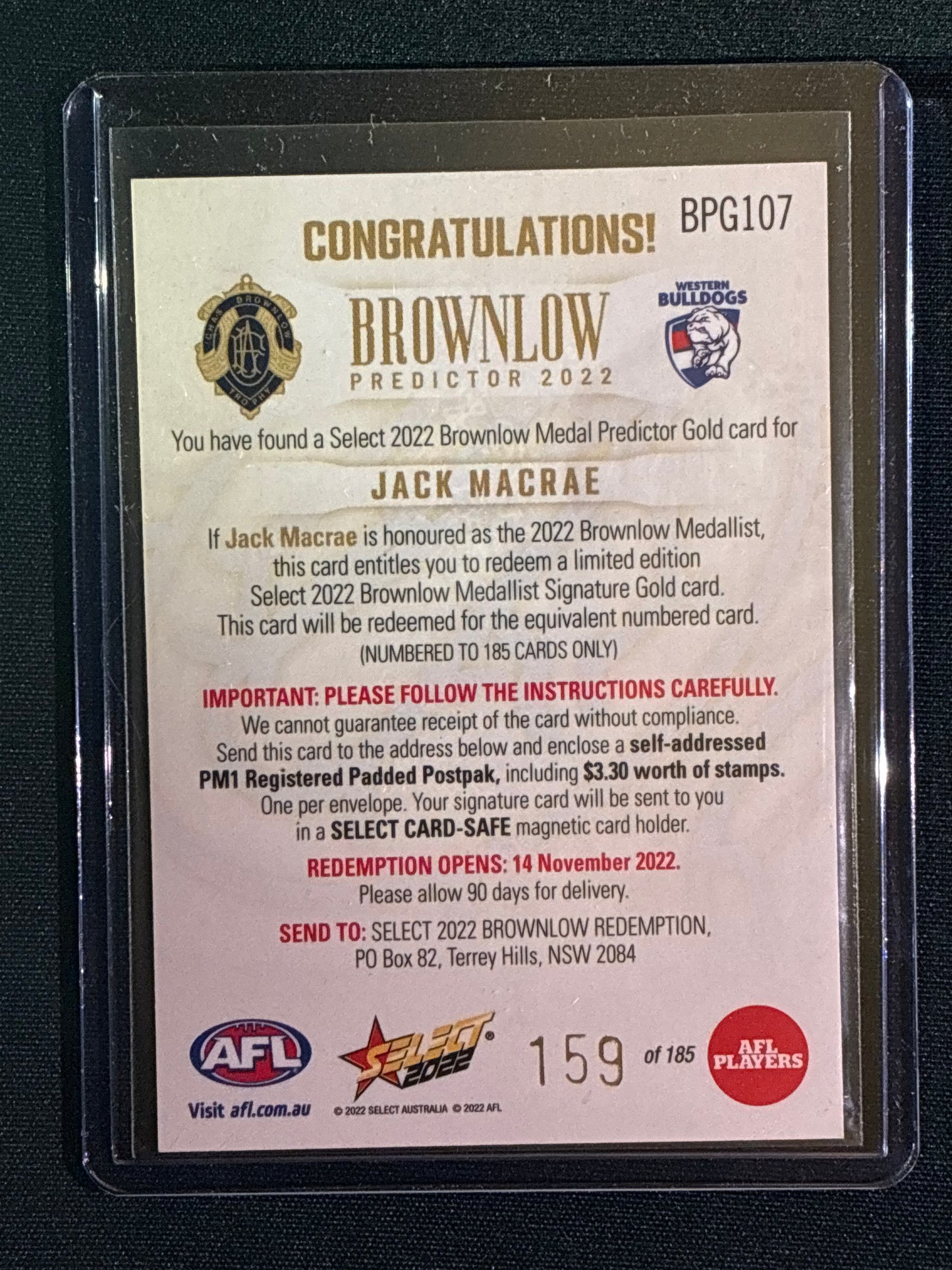 2022 Footy Stars JACK MACRAE Brownlow Predictor Gold 139/185