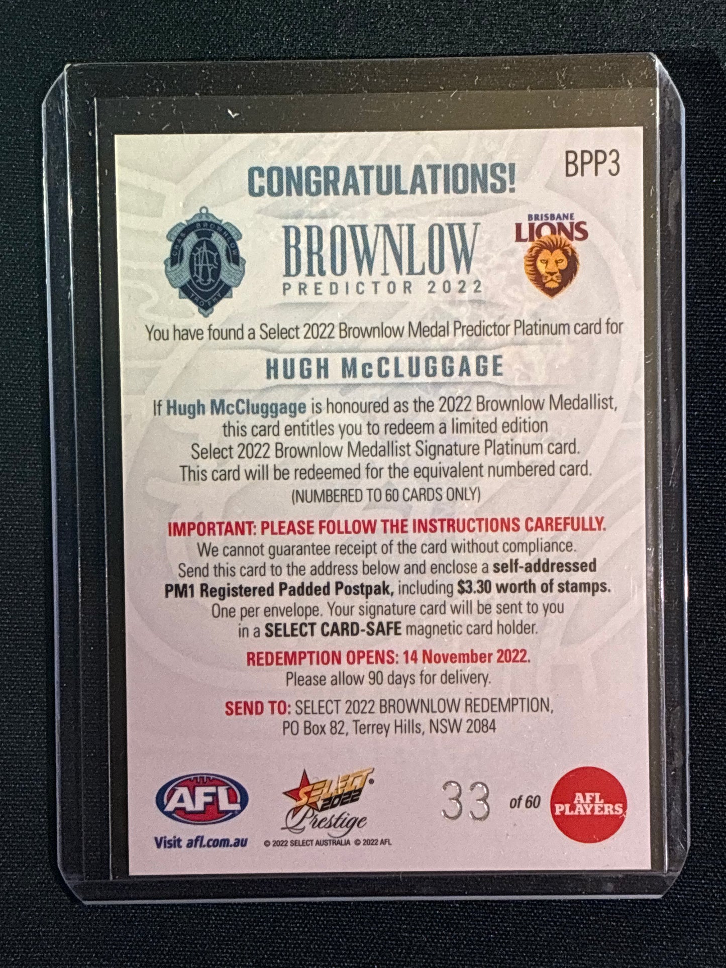 2022 Footy Stars Prestige HUGH MCCLUGGAGE Brownlow Predictor Platinum 33/60