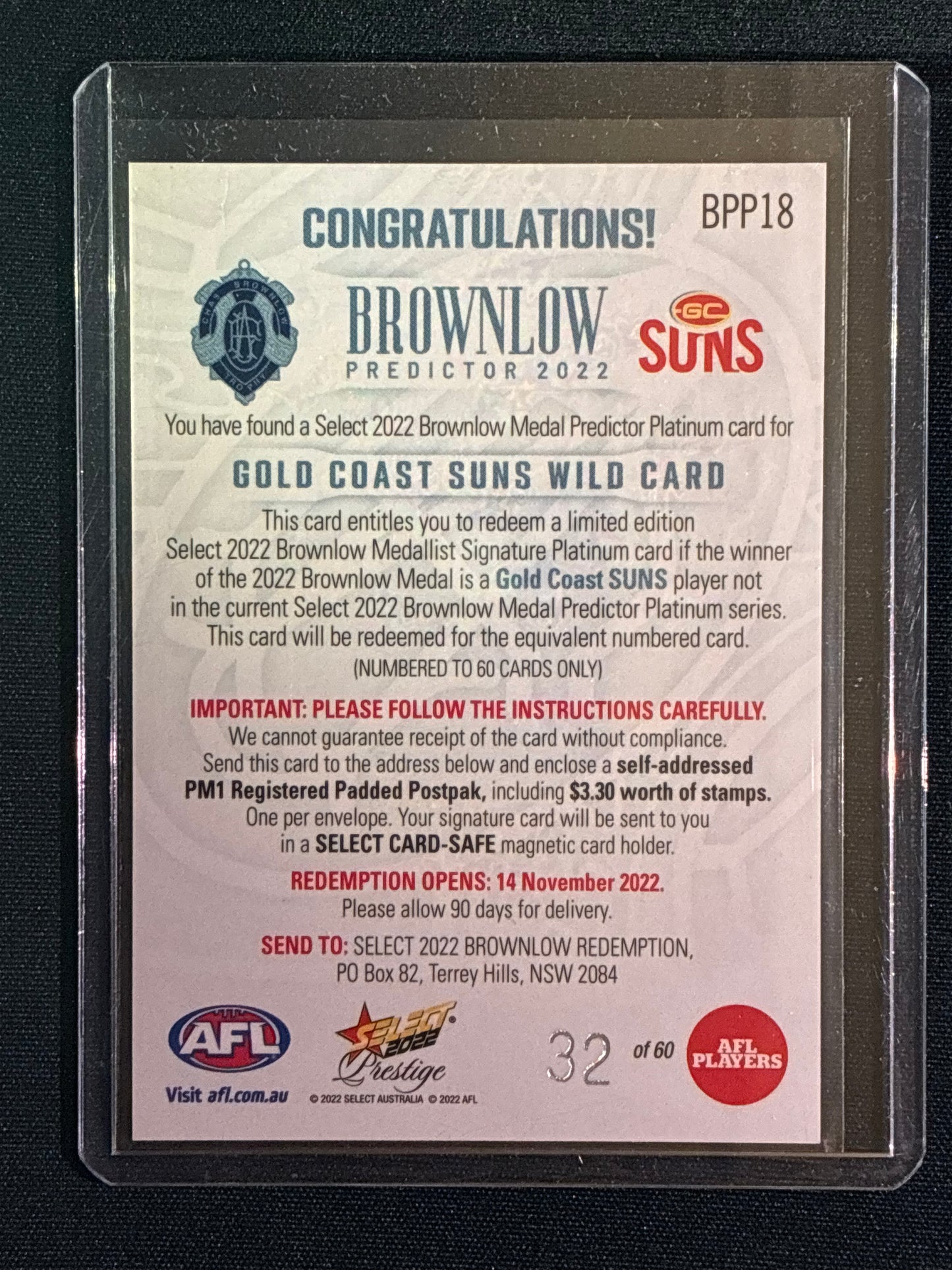2022 Footy Stars Prestige SUNS WILD CARD Brownlow Predictor Platinum 32/60