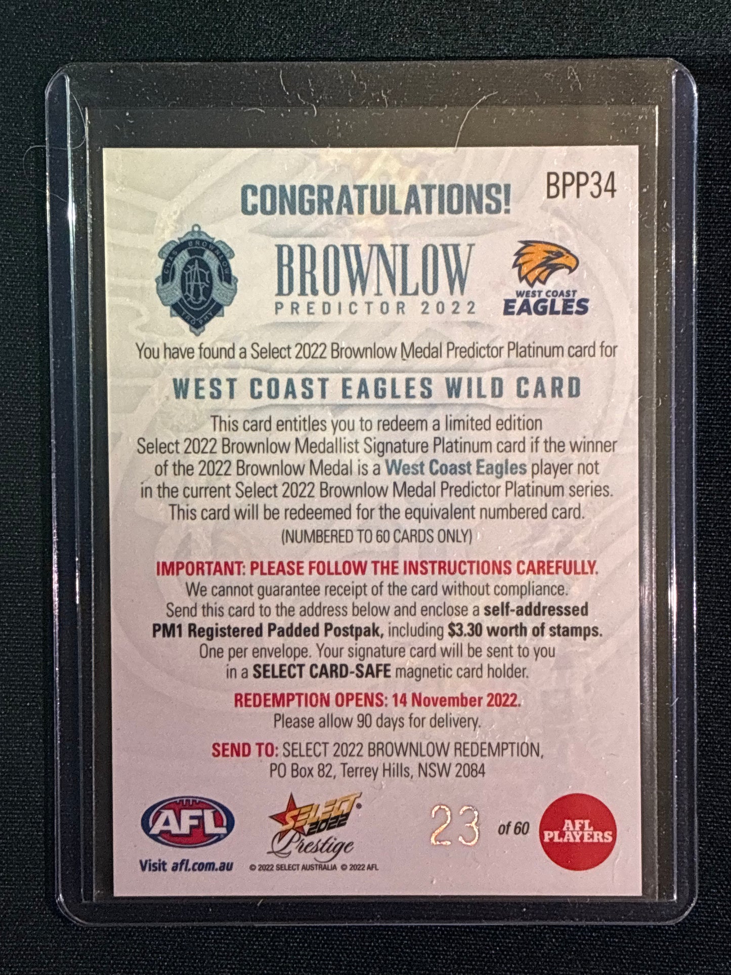 2022 Footy Stars Prestige WEST COAST WILD CARD Brownlow Predictor Platinum 23/60