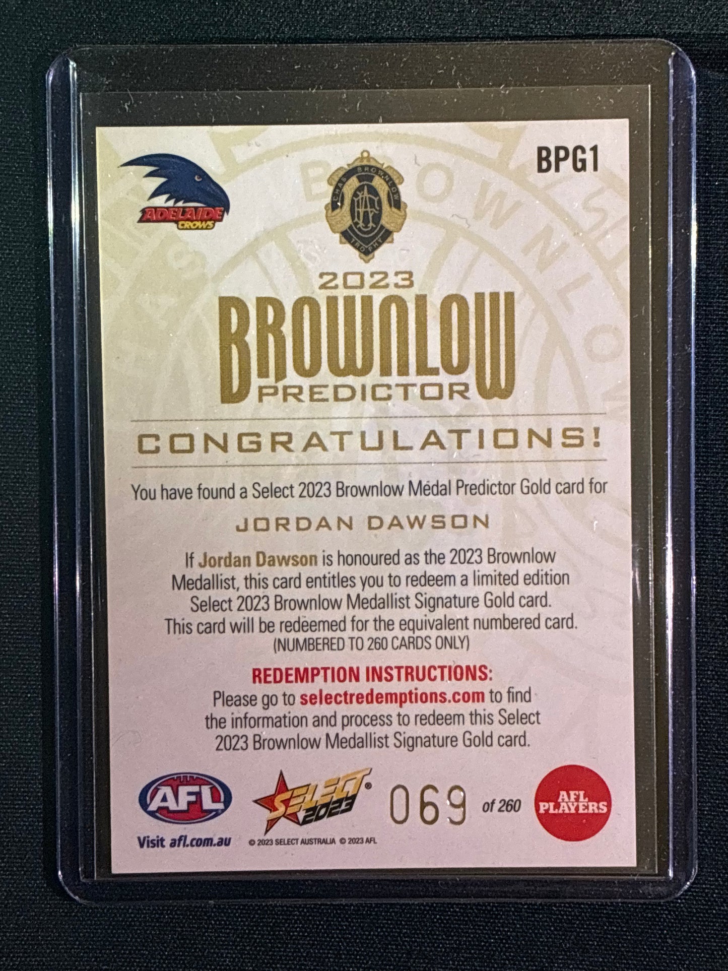 2023 Footy Stars JORDAN DAWSON Brownlow Predictor Gold 69/260
