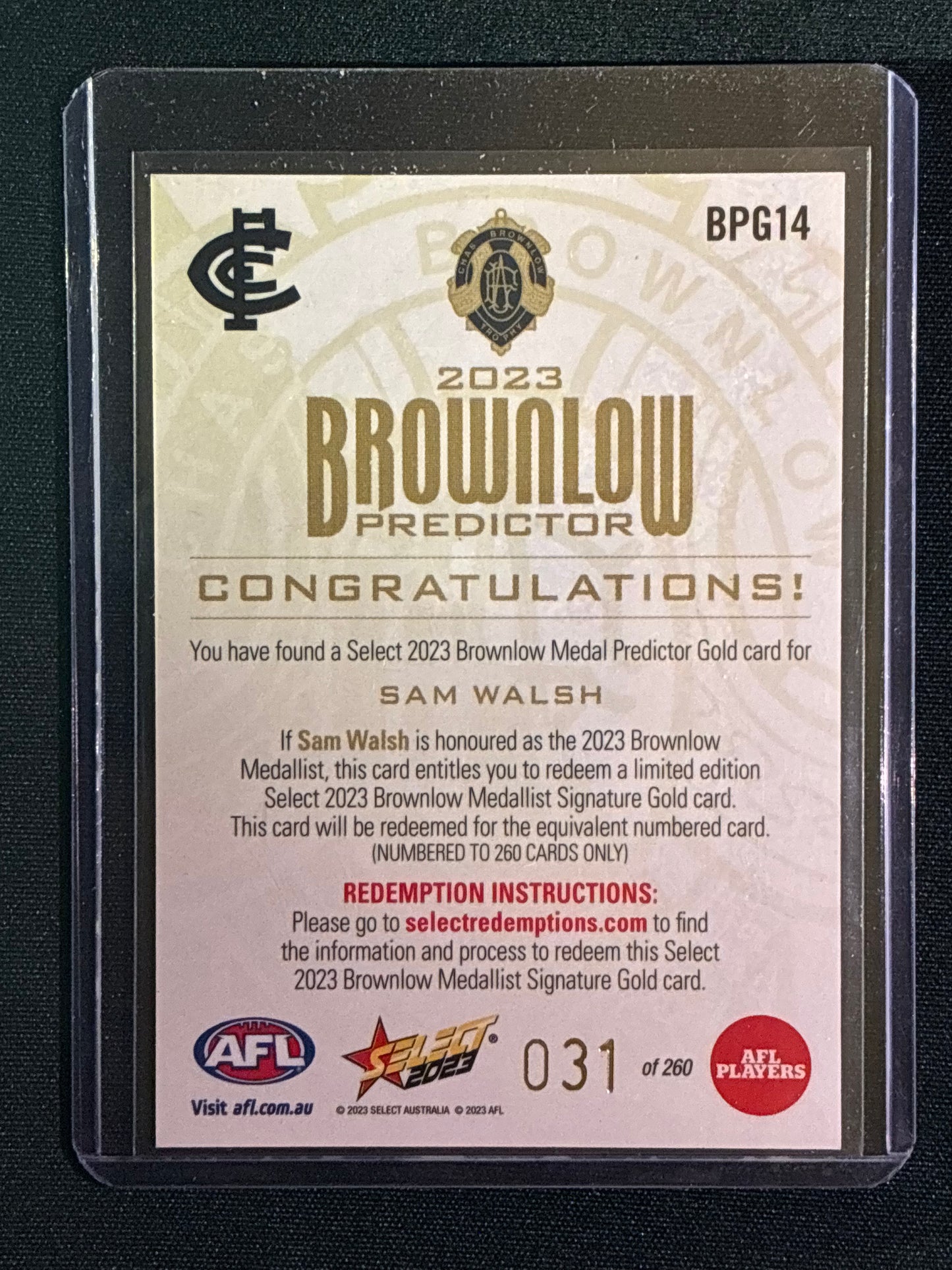 2023 Footy Stars SAM WALSH Brownlow Predictor Gold 31/260