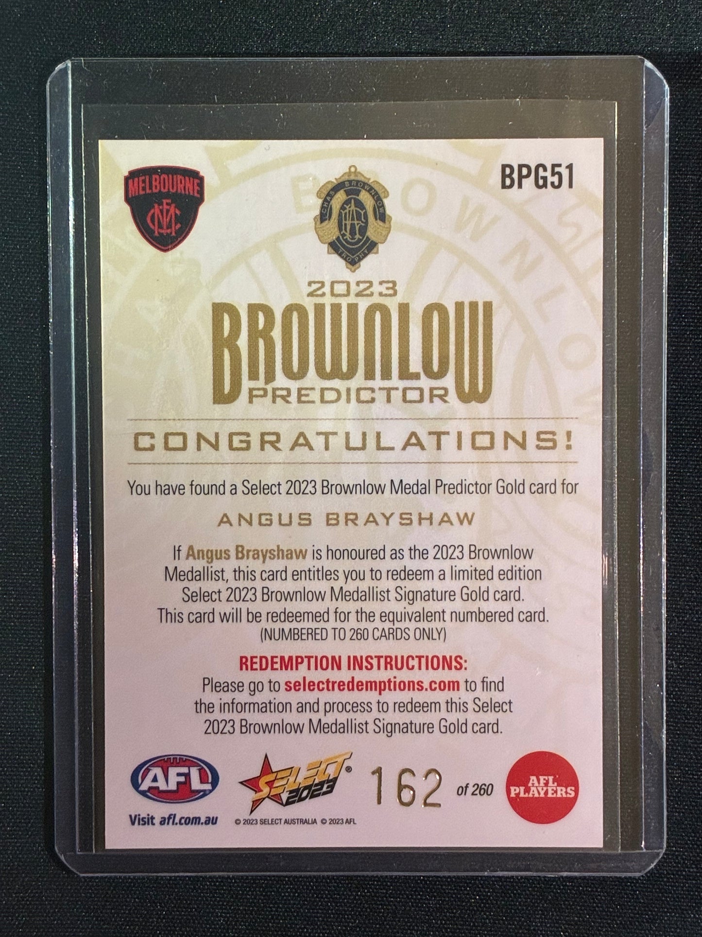 2023 Footy Stars ANGUS BRAYSHAW Brownlow Predictor Gold 162/260