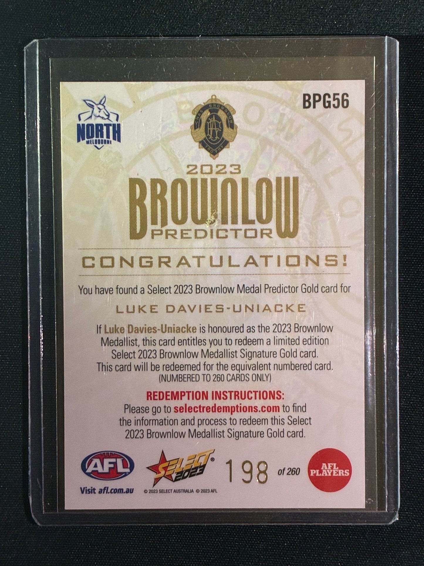 2023 Footy Stars LUKE DAVIES-UNIACKE Brownlow Predictor Gold 198/260