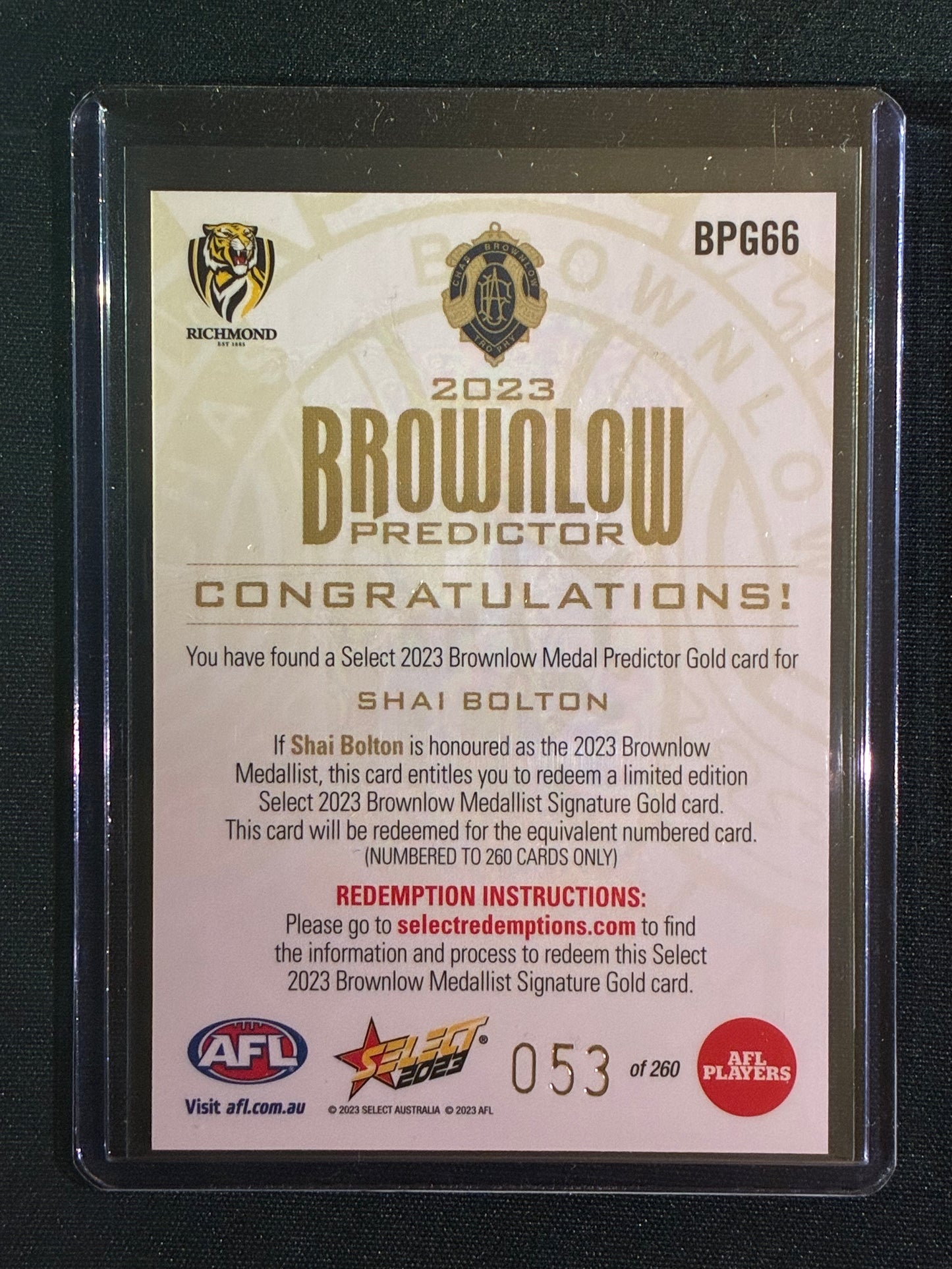 2023 Footy Stars SHAI BOLTON Brownlow Predictor Gold 53/260