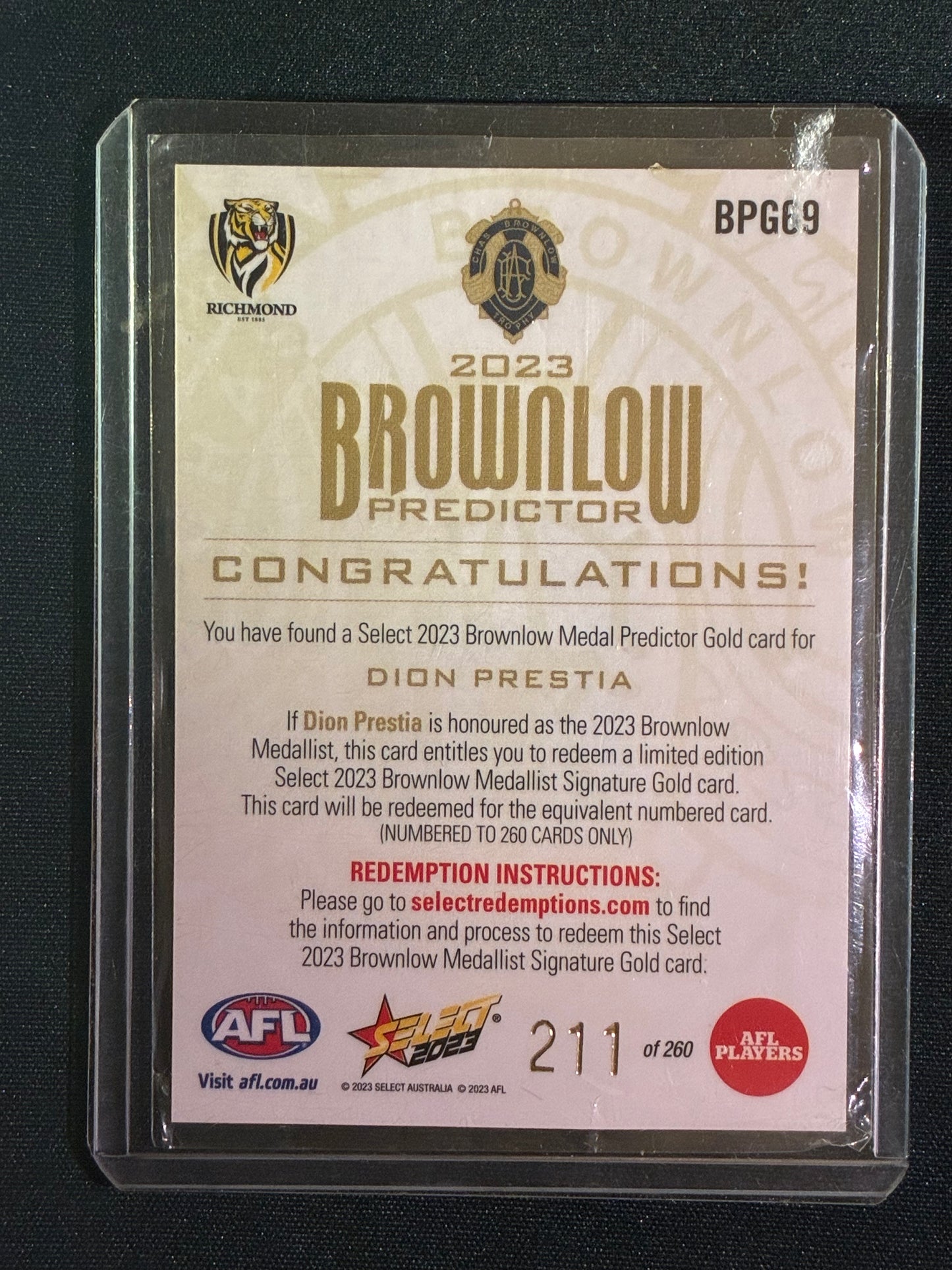 2023 Footy Stars DION PRESTIA Brownlow Predictor Gold 211/260