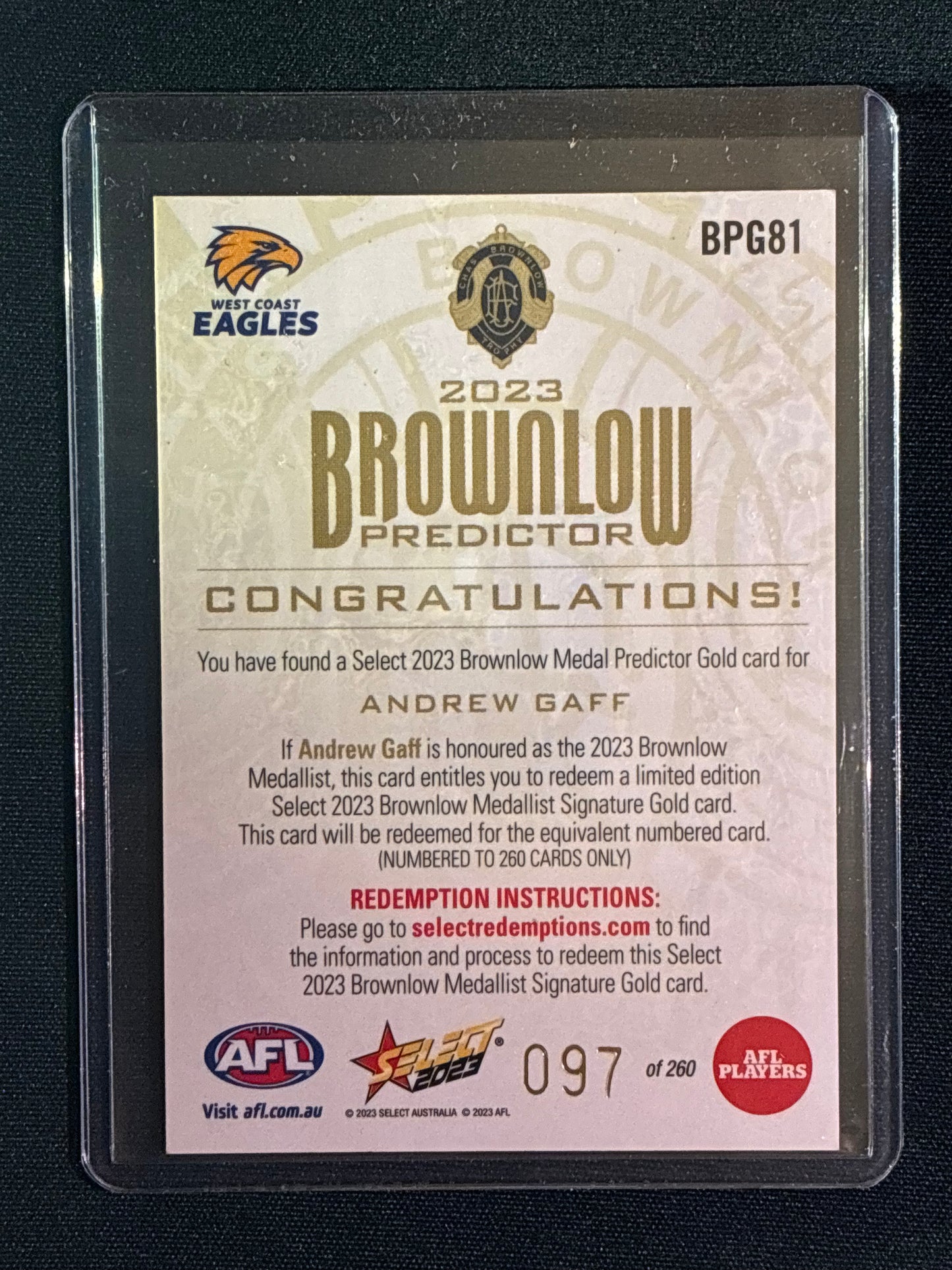 2023 Footy Stars ANDREW GAFF Brownlow Predictor Gold 97/260