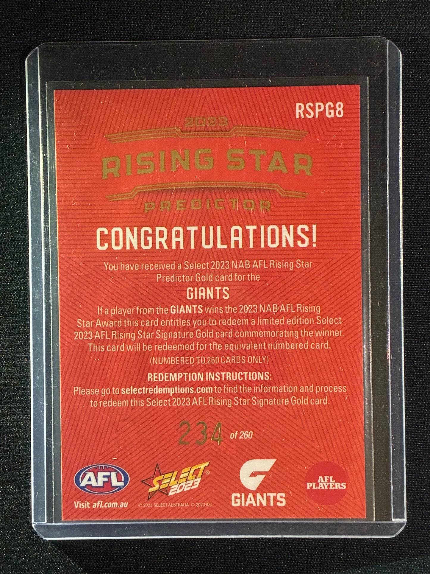 2023 Footy Stars GWS GIANTS Rising Star Predictor Gold 234/260