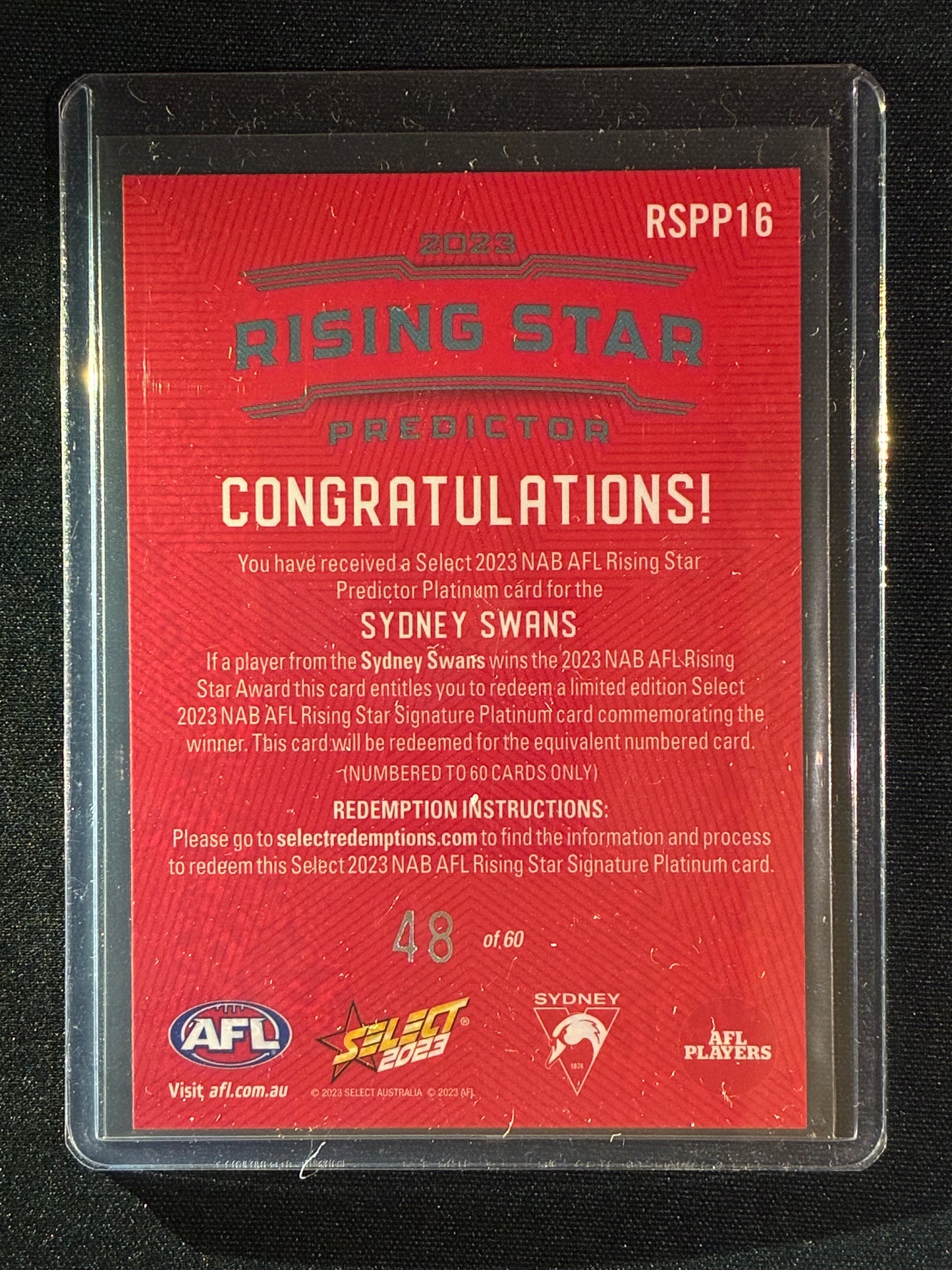 2023 Footy Stars SYDNEY SWANS Rising Star Predictor Platinum 48/60