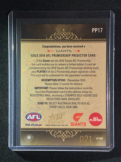 2018 Legacy GWS GIANTS Premiership Predictor Gold 21/180