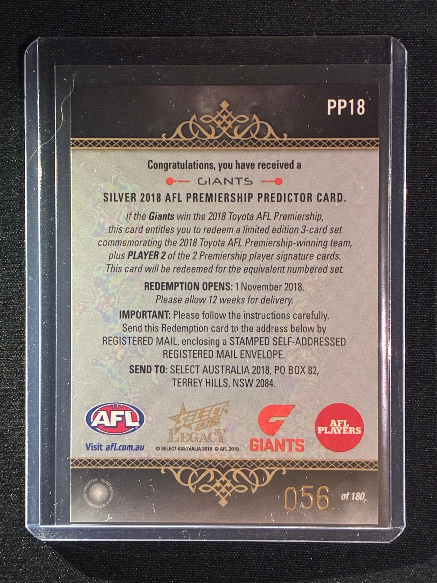 2018 Legacy GWS GIANTS Premiership Predictor Silver 56/180