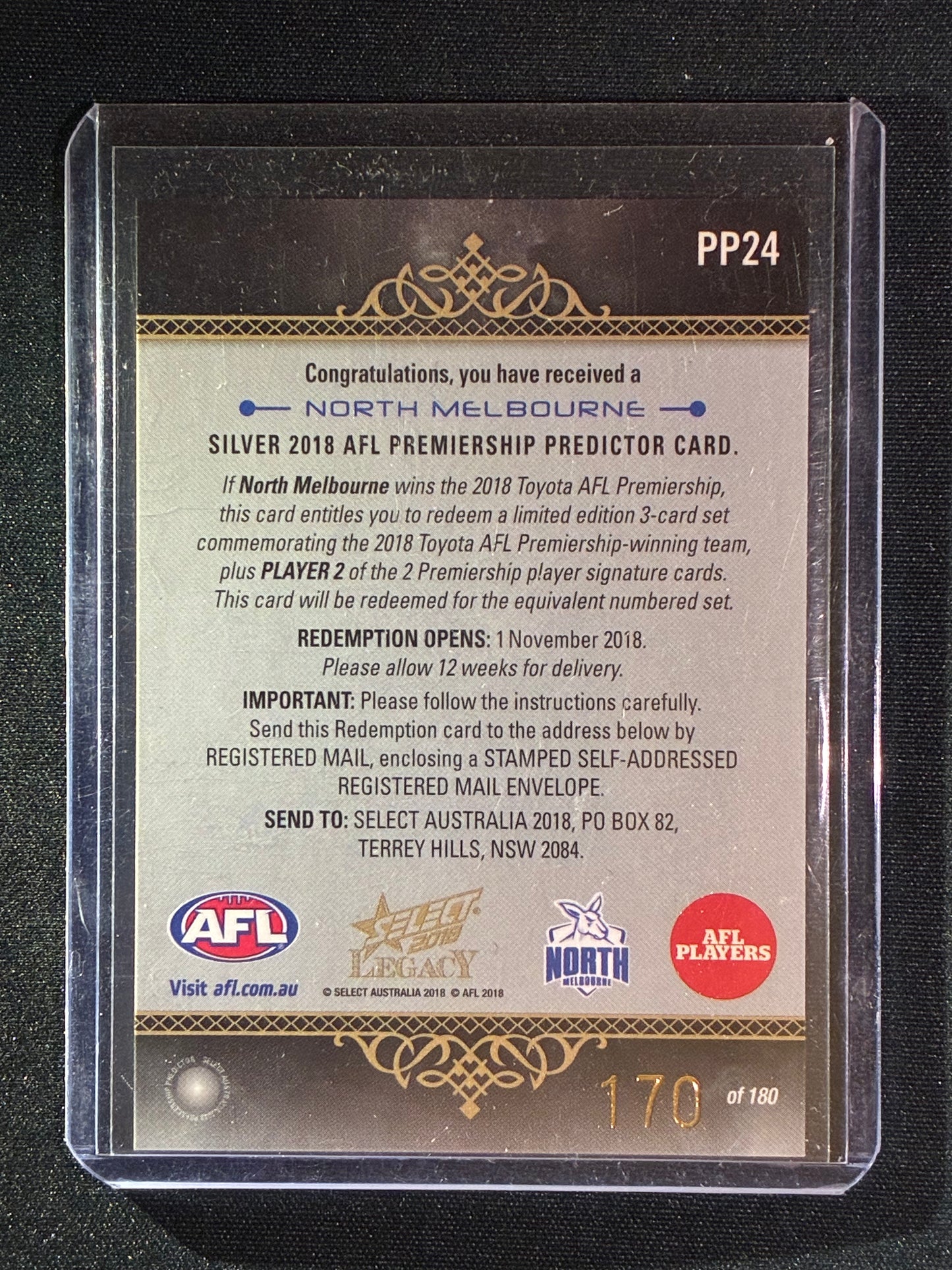 2018 Legacy NORTH MELBOURNE KANGAROOS Premiership Predictor Silver 170/180