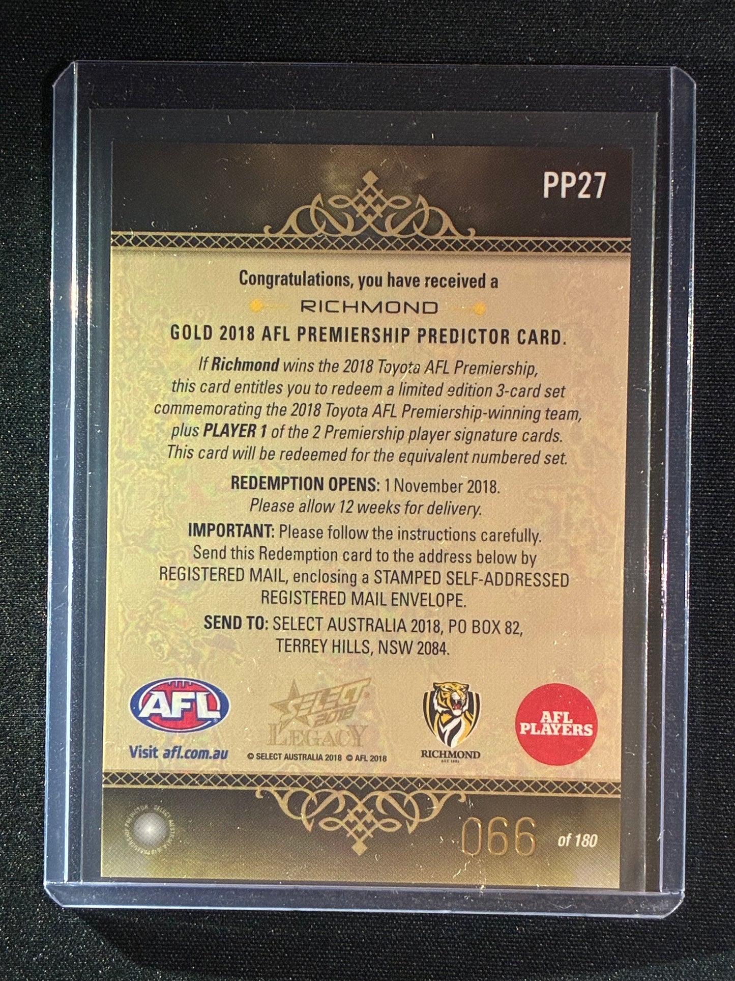 2018 Legacy RICHMOND TIGERS Premiership Predictor Gold 66/180