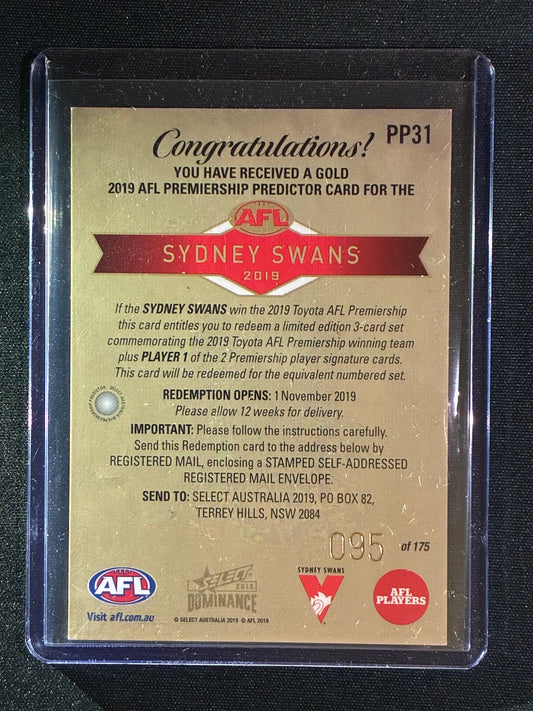 2019 Dominance SYDNEY SWANS Premiership Predictor Gold 95/175