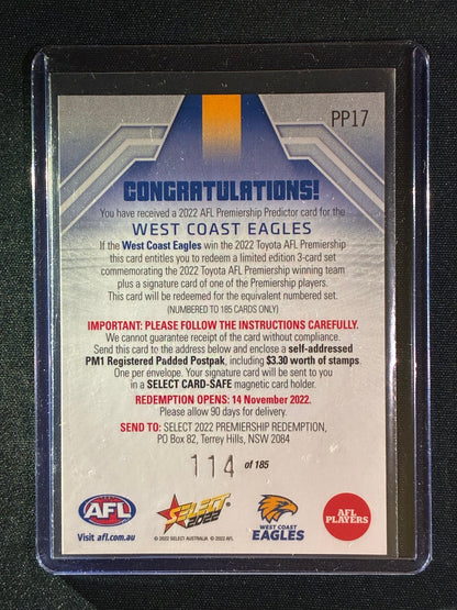 2022 Footy Stars WEST COAST EAGLES Premiership Predictor Silver 114/185
