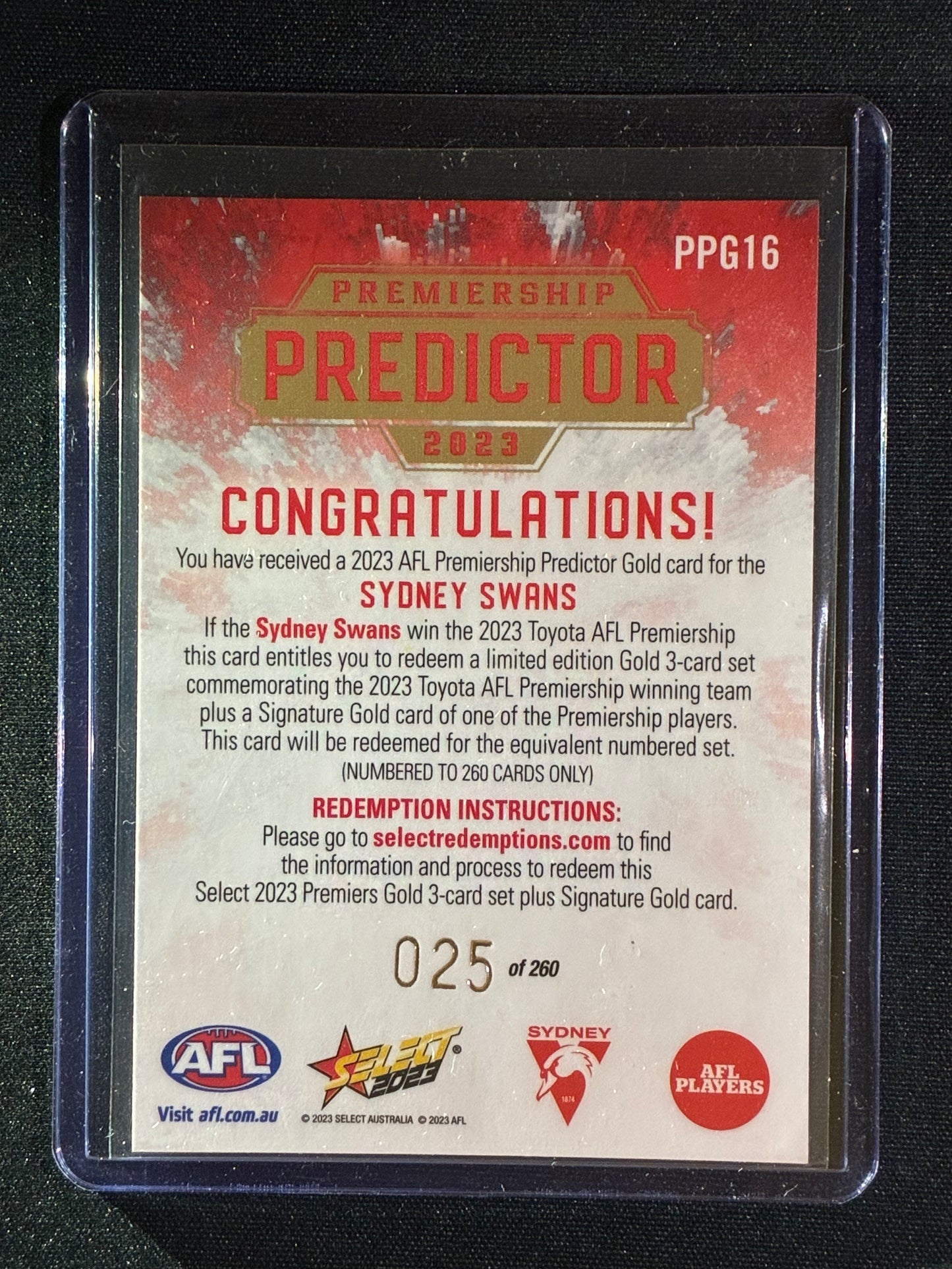 2023 Footy Stars SYDNEY SWANS Premiership Predictor Gold 25/260