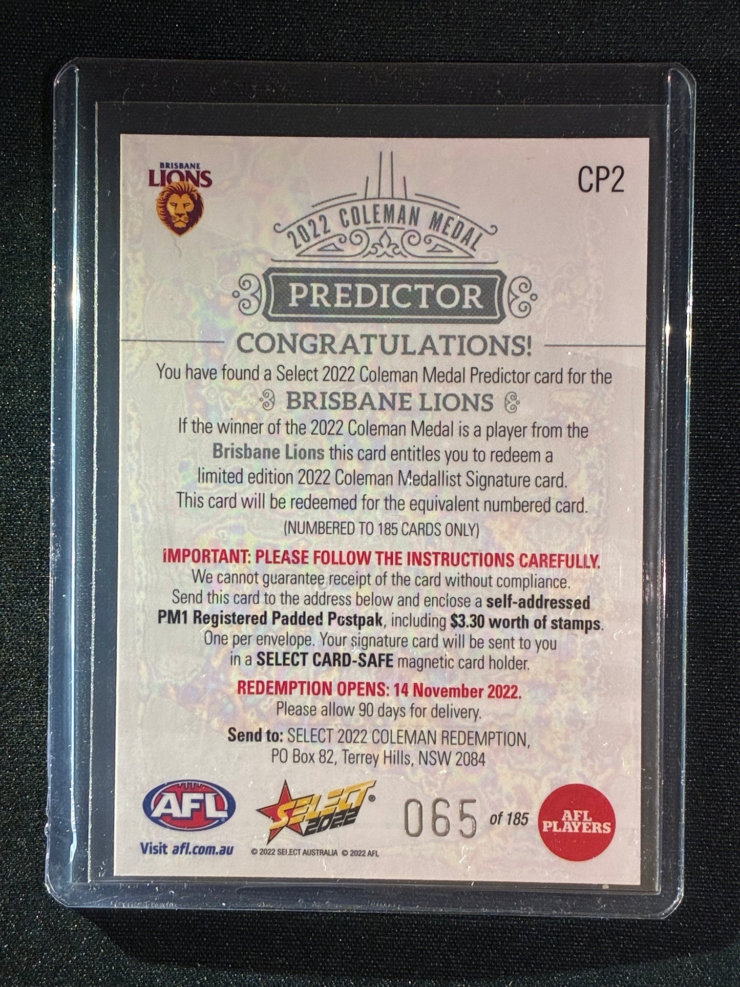 2022 Footy Stars BRISBANE LIONS Coleman Medal Predictor Silver 65/185