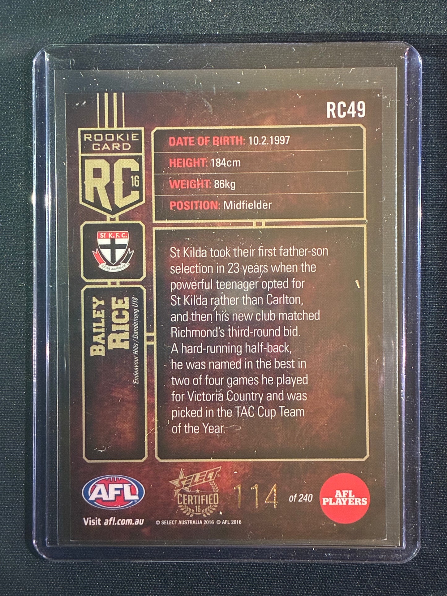 2016 Certified BAILEY RICE Rookie Card 114/240
