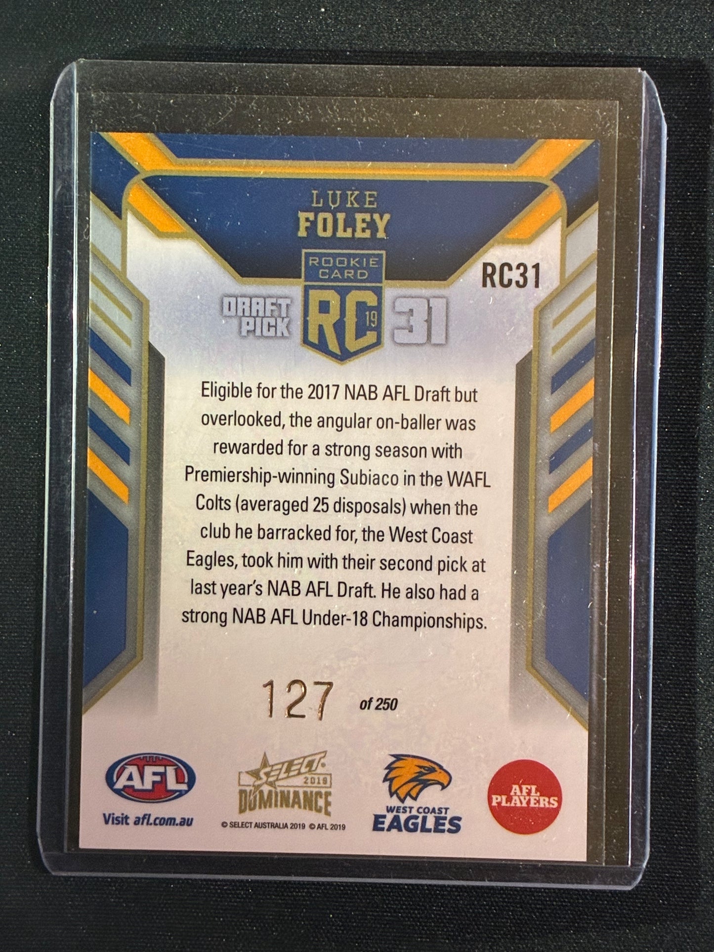 2019 Dominance LUKE FOLEY Rookie Card 127/250