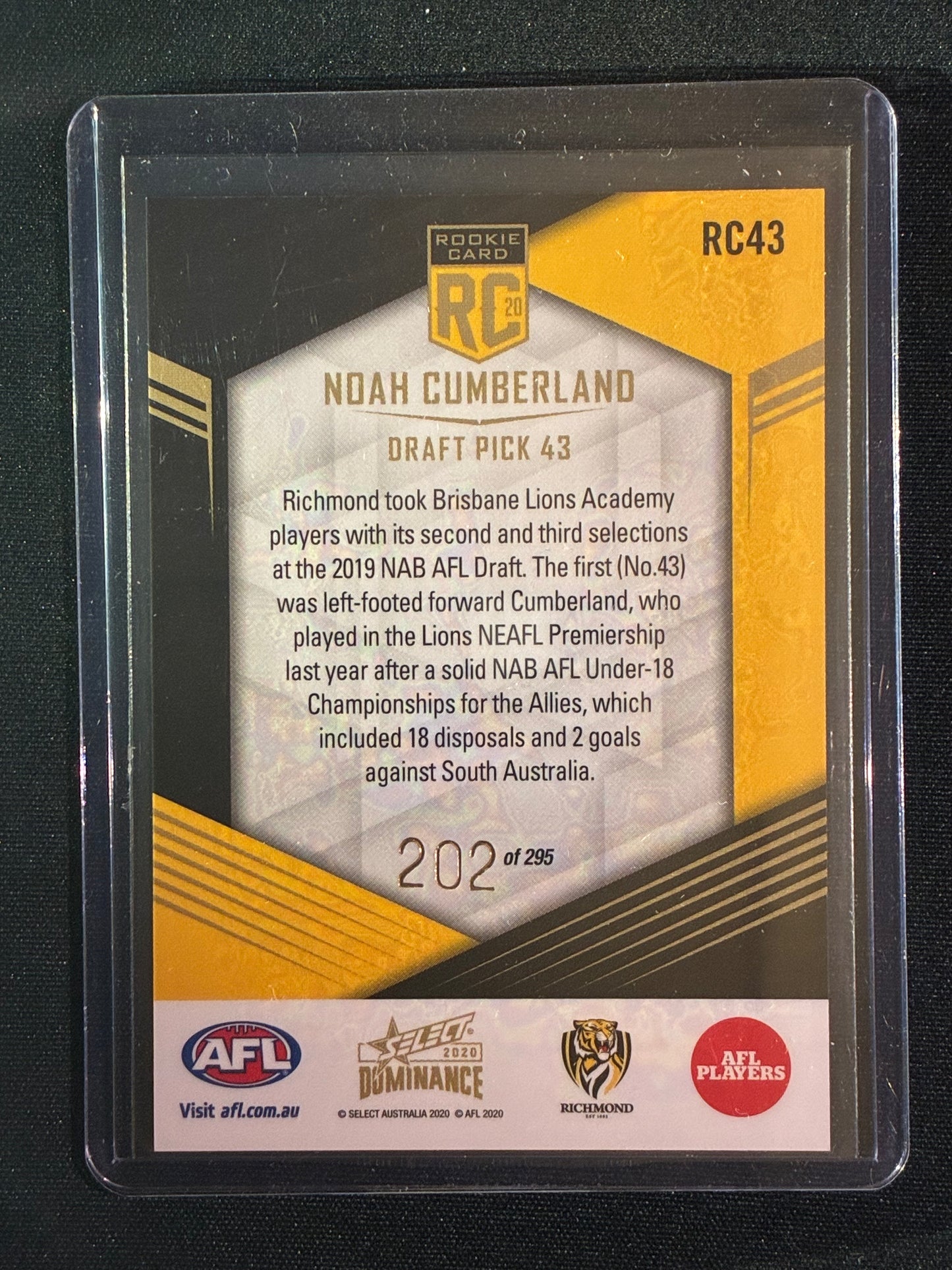 2020 Dominance NOAH CUMBERLAND Rookie Card 202/295