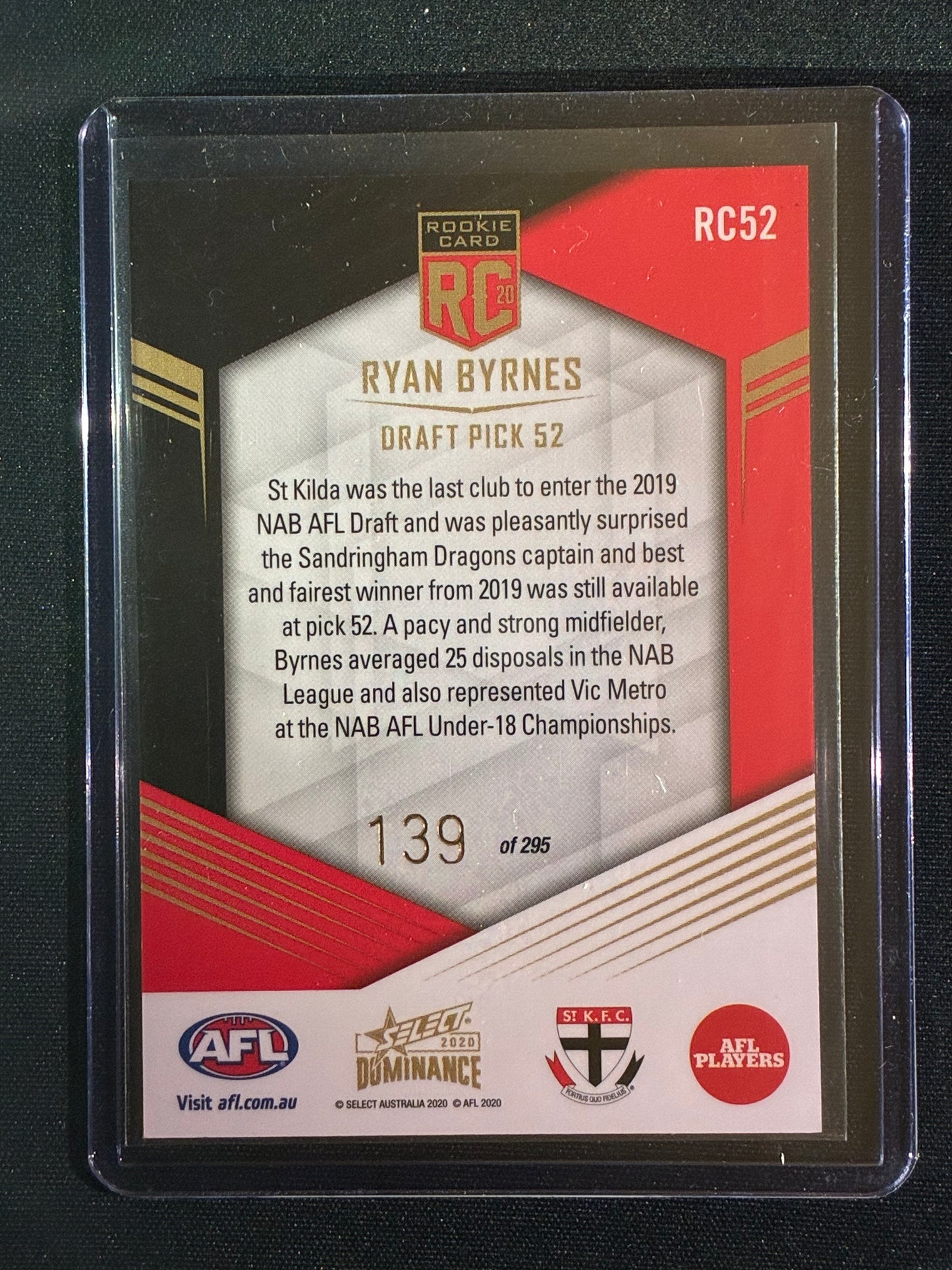 2020 Dominance RYAN BYRNES Rookie Card 139/295