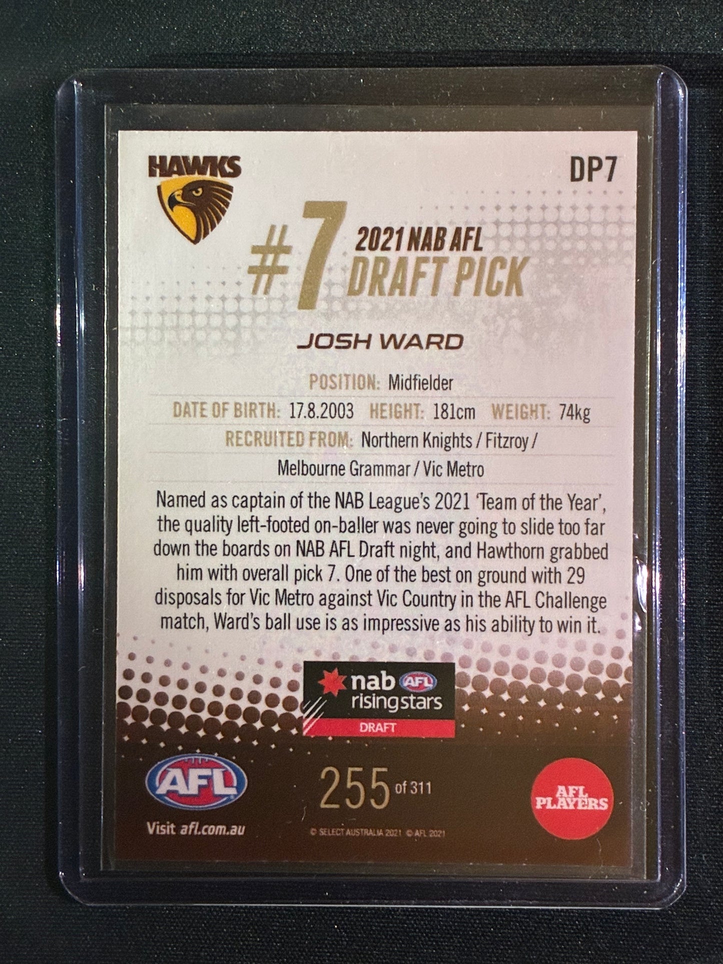 2021 Select JOSH WARD 2021 NAB AFL Draft Pick #7 255/311