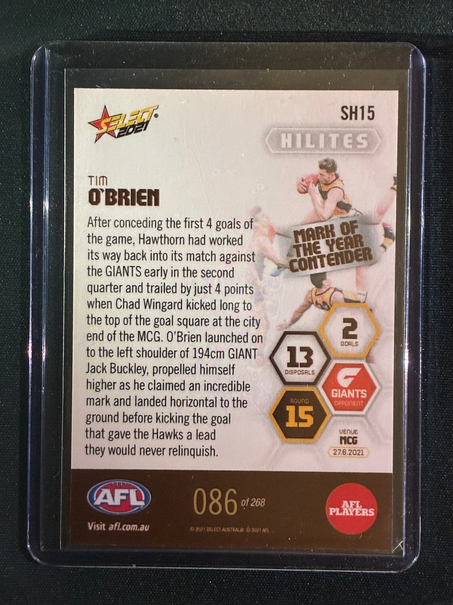 2021 Select TIM O'BRIEN Hilites Mark of the Year Contender 86/268